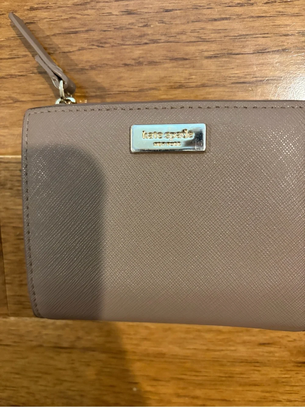 kate spade Compact Taupe Zip Wallet with Logo Plaque